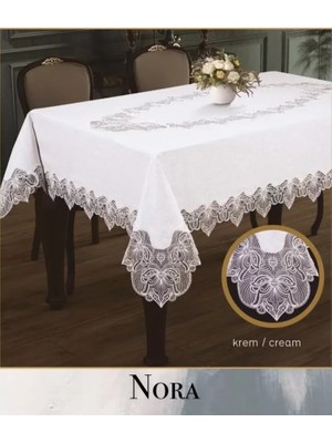 Elitse Keten Masa Örtüsü Tablecloth 155X220 cm Yemek Masası Örtüsü Nora Model Krem-Krem