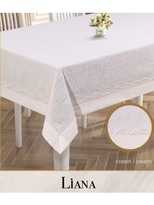 Elitse Keten Masa Örtüsü Tablecloth 160X220 cm Dantel Yemek Masası Örtüsü Liana Model Krem
