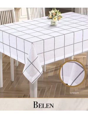 Elitse Keten Tek Masa Örtüsü Tablecloth 155X260 cm Yemek Masası Örtüsü Belen Model Krem