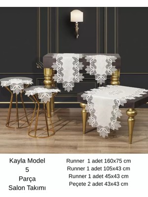 Elitse Salon Takımı 5 Parça Keten  Masa Örtüsü Runner Seti Çeyizlik Kayla Model No 22252 Krem-Gümüş