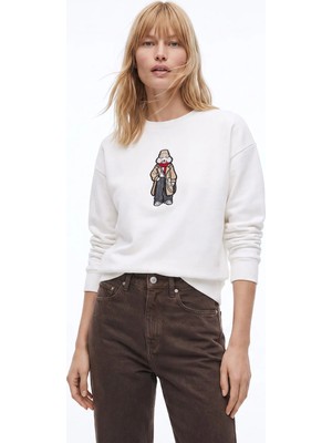 Fabrika Beyaz Kadın Bisiklet Yaka Loose Fit Nakışlı Sweatshirt F6WL-SWT0105