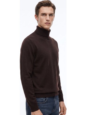 Fabrika Kahverengi Erkek Tam Balıkçı Slim Fit Triko Kazak F6WM-KZK 2595