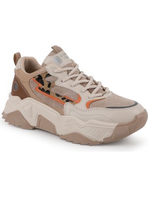 LBR Libero L083.65100 Hakiki Deri & Süet Leopar ve Turuncu Detaylı Bağcıklı Kalın Taban Chunky Kadın Sneaker