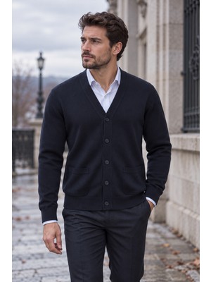 Beyome Erkek %100 Cotton V Yaka Düğmeli Hırka-Süveter Yandan Cepli Triko Günlük Şık Rahat Kesim