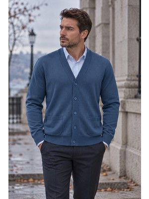 Beyome Erkek %100 Cotton V Yaka Düğmeli Hırka-Süveter Yandan Cepli Triko Günlük Şık Rahat Kesim