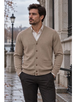 Beyome Erkek %100 Cotton V Yaka Düğmeli Hırka-Süveter Yandan Cepli Triko Günlük Şık Rahat Kesim