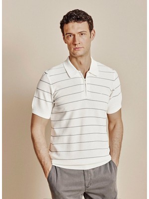 Brooks Brothers Krem Erkek Standart Çizgili Polo Kazak BBSS26MKL016