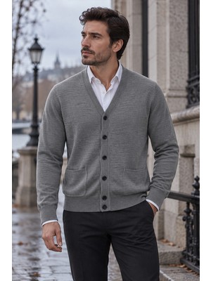 Beyome Erkek %100 Cotton V Yaka Düğmeli Hırka-Süveter Yandan Cepli Triko Günlük Şık Rahat Kesim