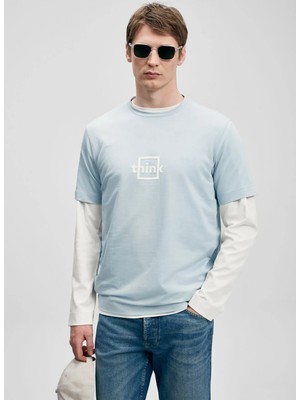 Lufian Lufıan Mavi Erkek Slim Fit Logo Baskılı T-Shirt Thınk