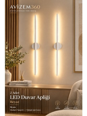 avizem360 Beyaz 70 cm Aplik –( 2’li Set )| Pilli Tak-Çalıştır