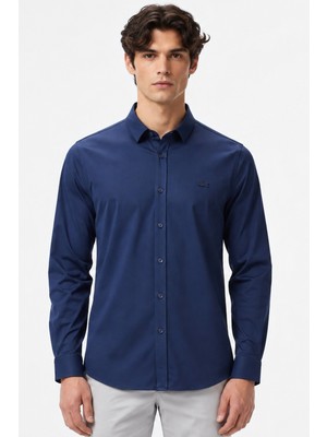 Lacoste Mens Slim Fit Navy Cotton Shirt Dar Kesim Erkek Gömlek Lacivert