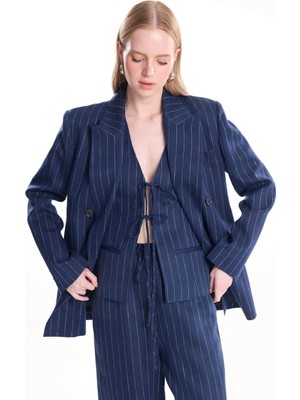 Ted Baker Lacivert Kadın Oversize Çizgili %100 Keten Blazer TBWRJC1018-7