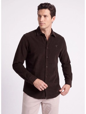 Fabrika Kahverengi Erkek Slim Fit Fitilli Gömlek F5WM-GML 2378 N