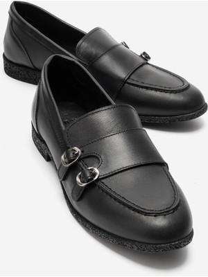 Luvi Daly Siyah Cilt Hakiki Deri Tokalı Kadın Loafer Ayakkabı