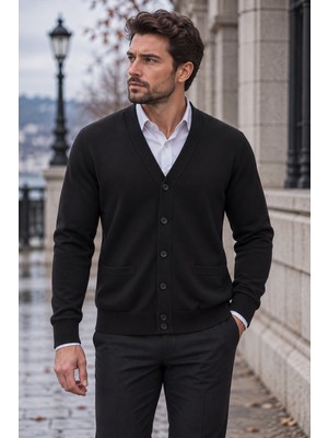Beyome Erkek %100 Cotton V Yaka Düğmeli Hırka-Süveter Yandan Cepli Triko Günlük Şık Rahat Kesim