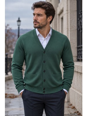 Beyome Erkek %100 Cotton V Yaka Düğmeli Hırka-Süveter Yandan Cepli Triko Günlük Şık Rahat Kesim