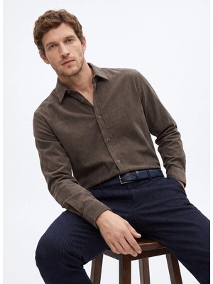 Fabrika Bej Erkek Slim Fit Fitilli Gömlek F5WM-GML 2378 N