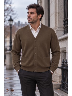Beyome Erkek %100 Cotton V Yaka Düğmeli Hırka-Süveter Yandan Cepli Triko Günlük Şık Rahat Kesim