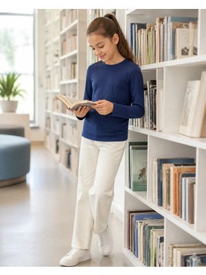 Fasıla Giyim Indigo Unisex Çocuk Bisiklet Yaka Uzun Kollu Tişört - Okul Stili