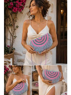 Trakya Trend Crunch Çanta El Yapımı Hasır Kağıt Ip Püsküllü Clutch