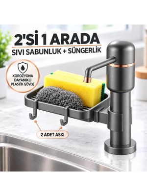 Valkyrie 2’si 1 Arada Siyah Mutfak Sıvı Sabunluk ve Süngerlik Seti Tezgah Üst Pompalı Dispenser 360°