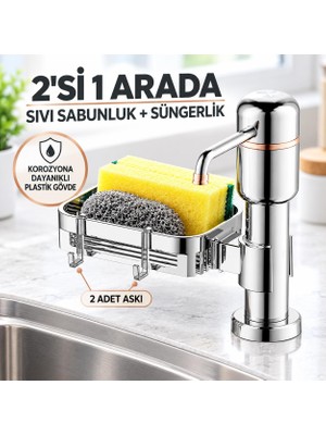 Valkyrie 2’si 1 Arada Mutfak Sıvı Sabunluk ve Süngerlik Seti Tezgah Üstü Pompalı Dispenser 360° Döner