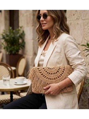 Trakya Trend Crunch Çanta El Yapımı Hasır Kağıt Ip Püsküllü Clutch