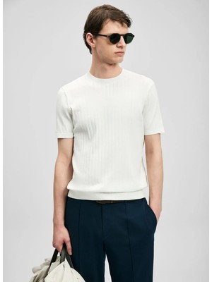 Lufian Lufıan Beyaz Erkek Bisiklet Yaka Slim Fit Fitilli T-Shirt Mateo