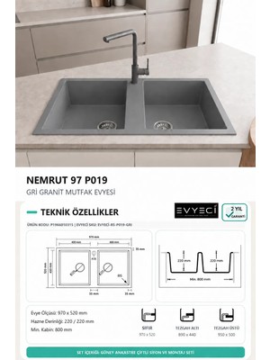 Güney Ankastre Realstone P019 Nemrut 97 97 × 52 cm Gri Granit Evye + Güçlendirilmiş Çift Giderli Sifon ve Montaj Seti