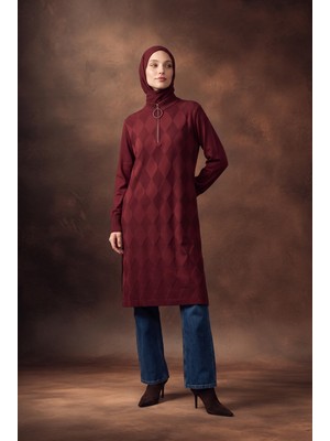Armine Trend Baklava Desenli Fermuar Yaka Uzun Triko Tunik Bordo 25KTD4112