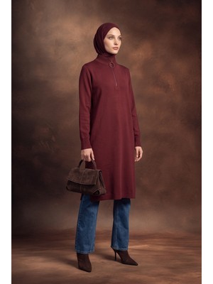 Armine Fermuar Detaylı Dik Yaka Uzun Kollu Modern Şık ve Günlük Tunik Bordo 25KTD4113