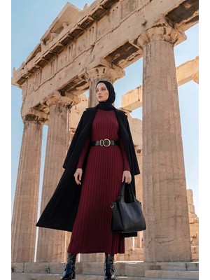 Armine Trend Kendinden Çizgili Triko Elbise Bordo 25KTD901
