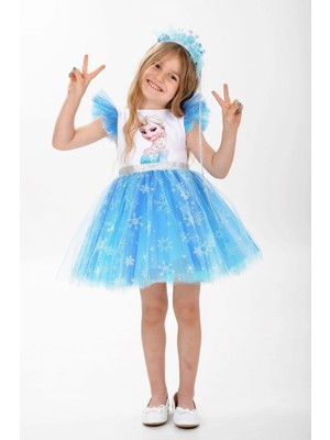 Buse & Eylül Bebe Elsa Karlar Kraliçesi Kar Taneli Taçlı Kız Çocuk Parti Elbisesi
