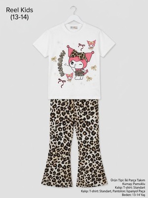 Moda Rüyası Kız Çocuk Leopar Desenli Ispanyol Paça Pantolon ve Baskılı Tişört Takım 13-14 Yaş