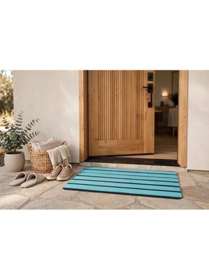 Evoris Delta CC007A Turkuaz Çizgili Kaymaz Taban Su Geçirmez Yıkanabilir Kapı Önü Paspası 45X70 cm