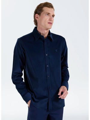 Fabrika Lacivert Erkek Gömlek Yaka Slim Fit Fitilli Gömlek F5WM-GML 2378 N