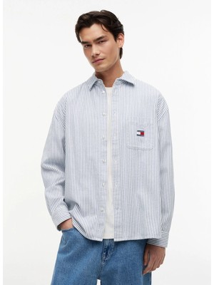Tommy Jeans Mavi Erkek Oversized Çizgili Gömlek DM0DM23138C63 Tjm Oversz Strıpe Ox