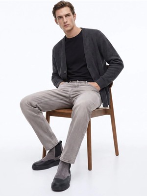 Fabrika Gri Erkek V Yaka Slim Fit Fitilli Hırka F6WM-HRK 2013