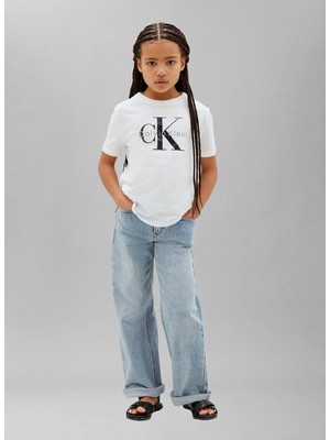 Calvin Klein Beyaz Erkek Çocuk Bisiklet Yaka Baskılı T-Shirt LV1CKTJA15YAF-CK Monologo  T-Shırt