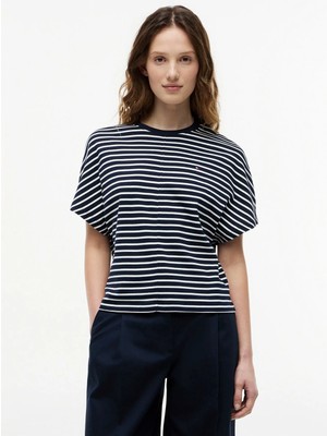 Tommy Hilfiger Lacivert Kadın Bisiklet Yaka Çizgili T-Shirt WW0WW499260X4
