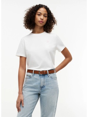 Tommy Hilfiger Beyaz Kadın Bisiklet Yaka Nakışlı T-Shirt WW0WW49941YBL