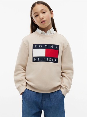 Tommy Hilfiger Bej Erkek Çocuk Baskılı Sweatshirt KS0KS00709-HERITAGE Flag Sweatshırt