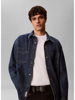 Calvin Klein Jeans Lacivert Erkek Regular Fit Logo Baskılı Denim Gömlek LV04RG740GZGX 90S Overshırt Ck Pac