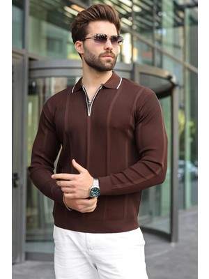Madmext Kahverengi Polo Yaka Yarım Fermuarlı Fitilli Erkek Triko Kazak E7515