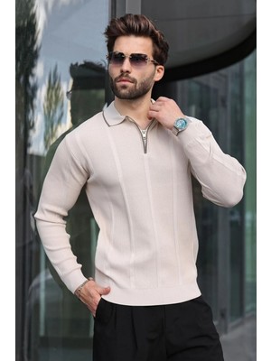 Madmext  Taş Polo Yaka Yarım Fermuarlı Fitilli Erkek Triko Kazak E7515