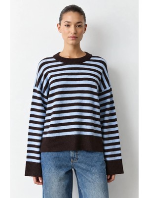 Madmext Kahverengi Çizgili Bisiklet Yaka Oversize Kadın Kazak MG2894