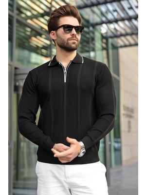 Madmext Siyah Polo Yaka Yarım Fermuarlı Fitilli Erkek Triko Kazak E7515