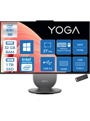Lenovo Yoga Aıo 27IPH11 Intel Core Ultra 7 356H Aı Up To 4.7ghz 32GB Ddr5 1tb SSD Pivot 27" Qhd (2560X1440) IPS 350NITS 120Hz 99% Srgb WIN11PRO Allınone Bilgisayar 27IPH11U7P03+ZETTAUSBBELLEK