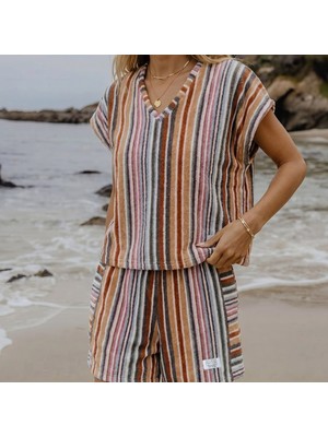 Green Black Stripe Soft Kadın Havlu Şortlu Takım Renkli Standart