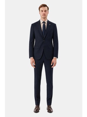 Sabri Özel Lacivert Yün Karışımlı Çizgili Sivri Yaka Klasik Paça Tam Astarlı 6 Drop Slim Fit Takım Elbise